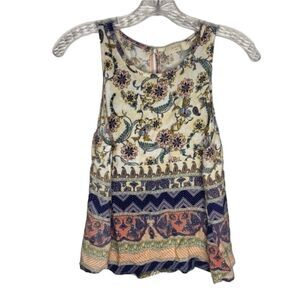 Elodie Cream Blue Multi Color Floral Paisley Sleeveless Tank Top L